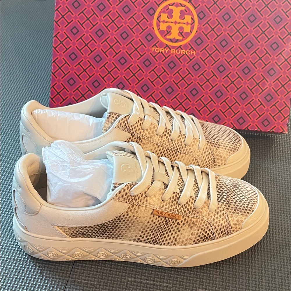 $785 New Tory Burch luxury ladybug sneaker snake skin leather  beige ivory 10